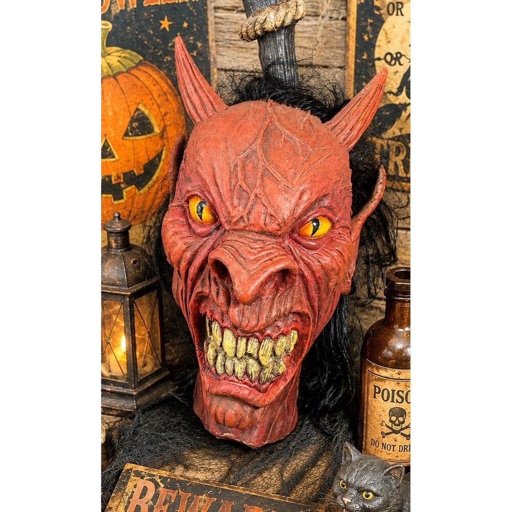 Red Devil Satan Head Halloween Hanging Rubber Prop Mask Decor Rare Discontinued